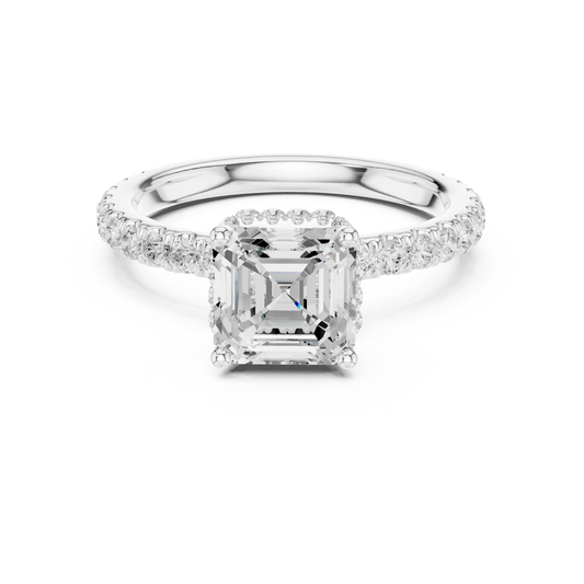 Asscher hidden halo ring in white gold with pave diamond band and lab-grown diamond 鈥?Australia