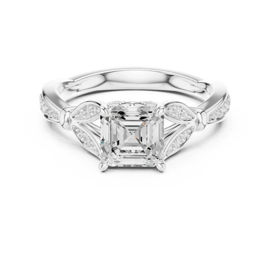 Asscher solitaire ring in white gold with floral milgrain pave band and lab-grown diamond – Australia