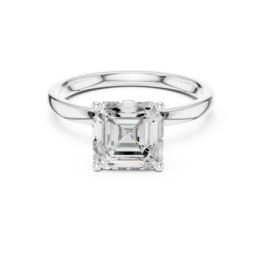 Lab-grown Asscher cut solitaire ring in white gold with plain domed band
