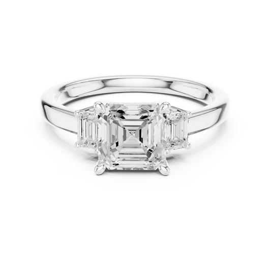 Lab-grown Asscher cut three stone diamond ring in white gold, elegant top view