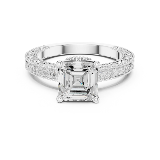 Asscher vintage filigree ring in white gold with milgrain, channel set diamond band and lab-grown diamond – Australia