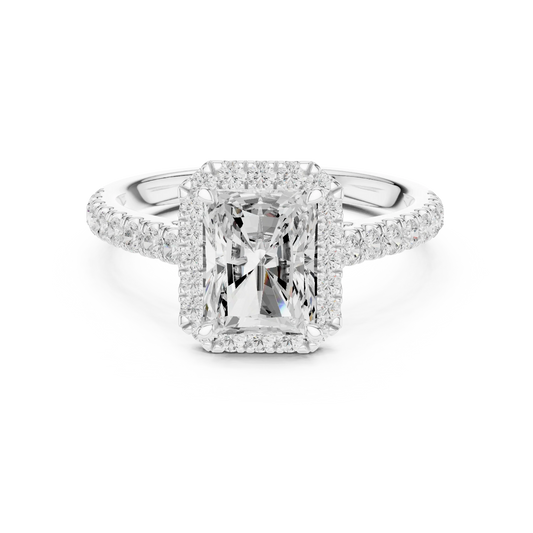 White gold brilliant halo radiant cut diamond ring with lab-grown center stone surrounded by sparkling halo diamonds, modern elegant design