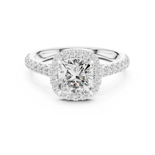 Front view of white gold classic halo cushion cut diamond ring with lab-grown center stone surrounded by halo diamonds, soft elegant design