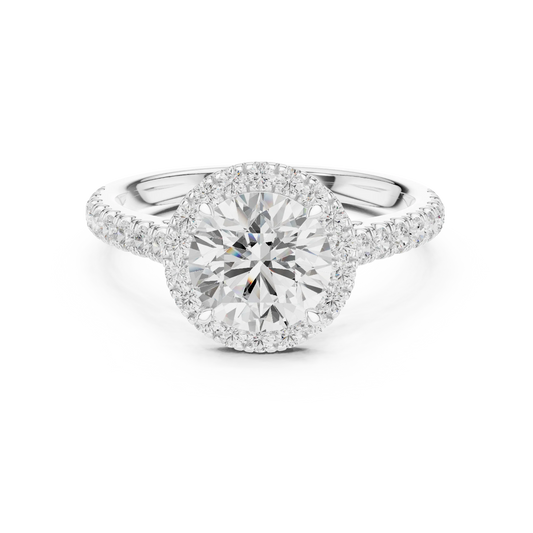White gold classic halo round diamond ring with lab-grown center stone surrounded by halo diamonds, timeless elegant design