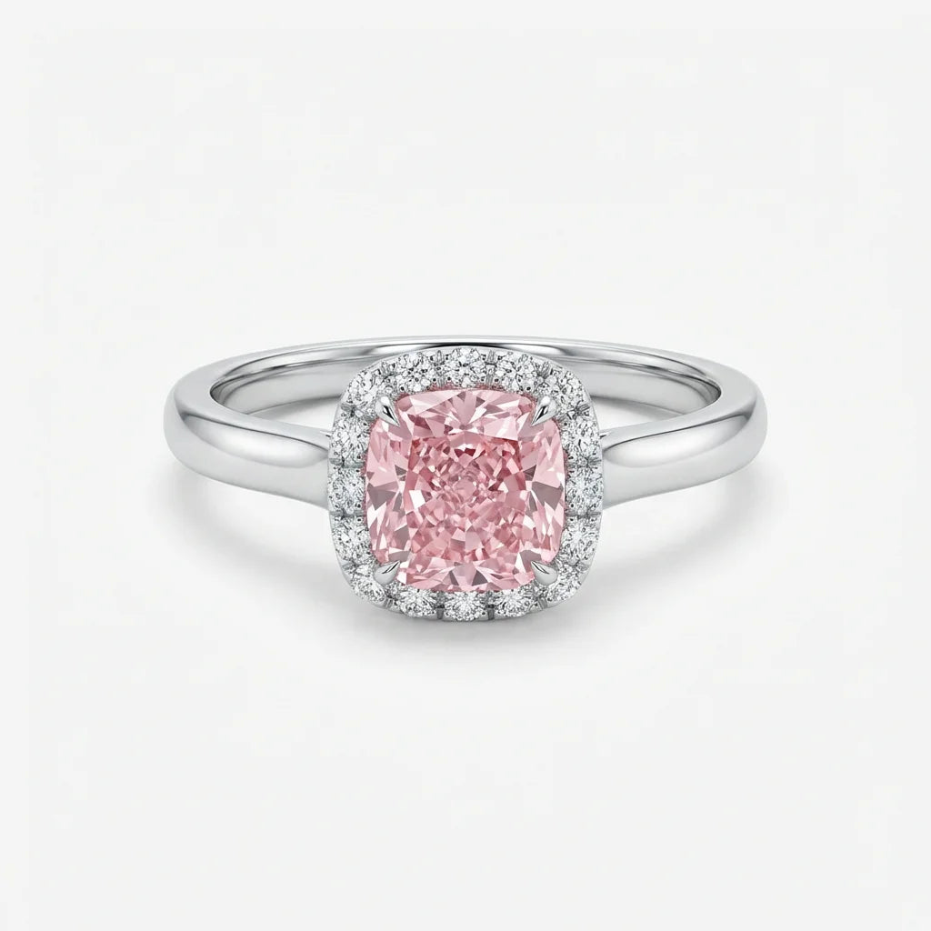 Cushion cut halo fancy pink diamond micropave engagement ring in white gold with lab-grown diamonds – Australia
