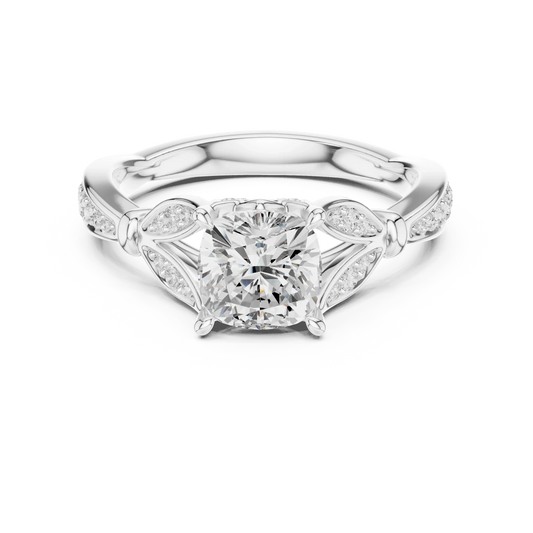 Cushion solitaire ring in white gold with floral milgrain pave band and lab-grown diamond – Australia