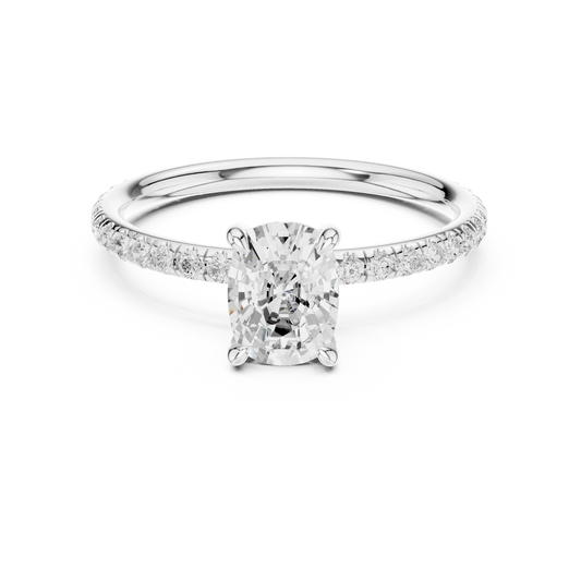 Lab-grown cushion cut solitaire ring in white gold with thin pavé diamond band
