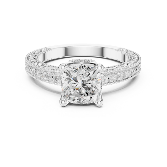 Cushion vintage filigree ring in white gold with milgrain, channel set diamond band and lab-grown diamond – Australia