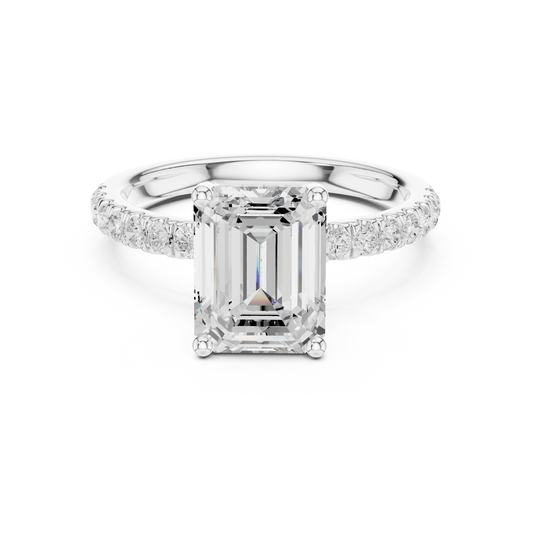Emerald solitaire ring in white gold with pave diamond band and lab-grown diamond – Australia