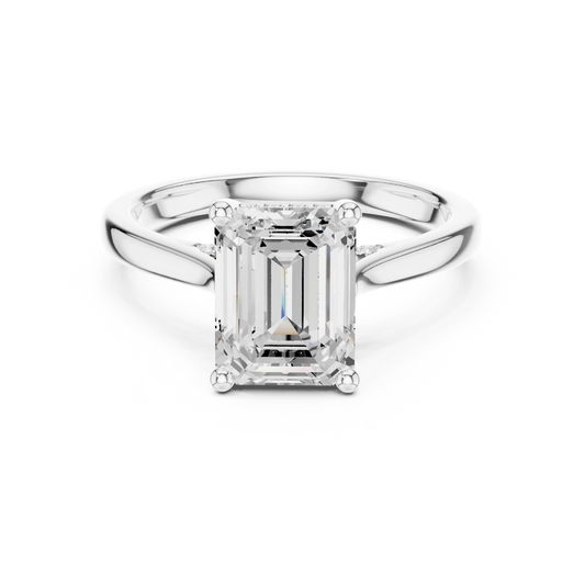 Emerald solitaire ring in white gold with plain domed band and lab-grown diamond – Australia