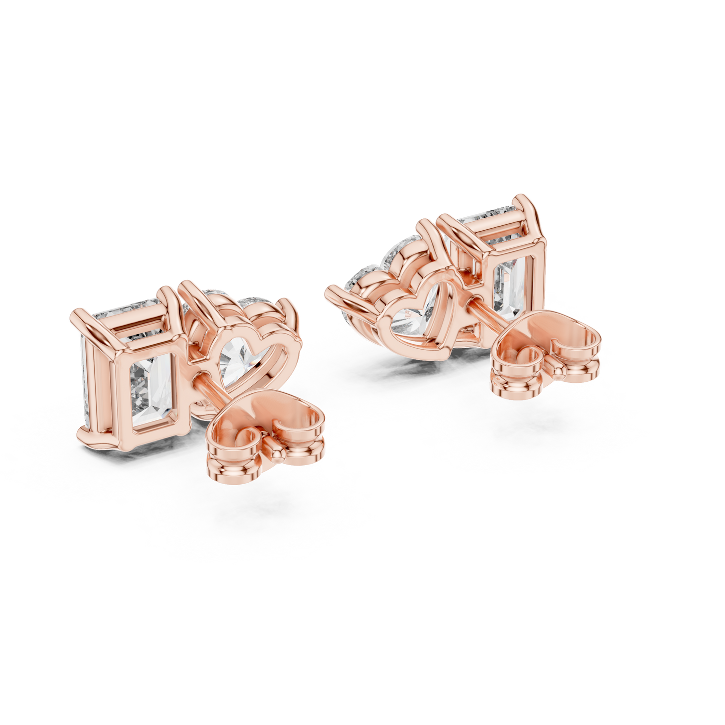 Heart & Emerald Cut Diamond Stud Earrings