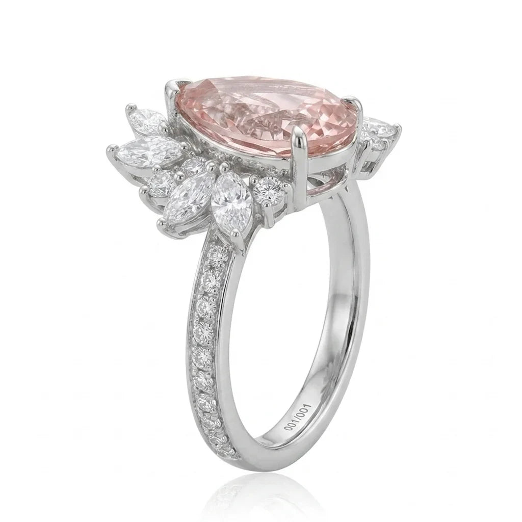 Front view of Graff inspired pear shape and marquise cut fancy pink diamond ring in white gold with lab-grown diamonds – Australia
