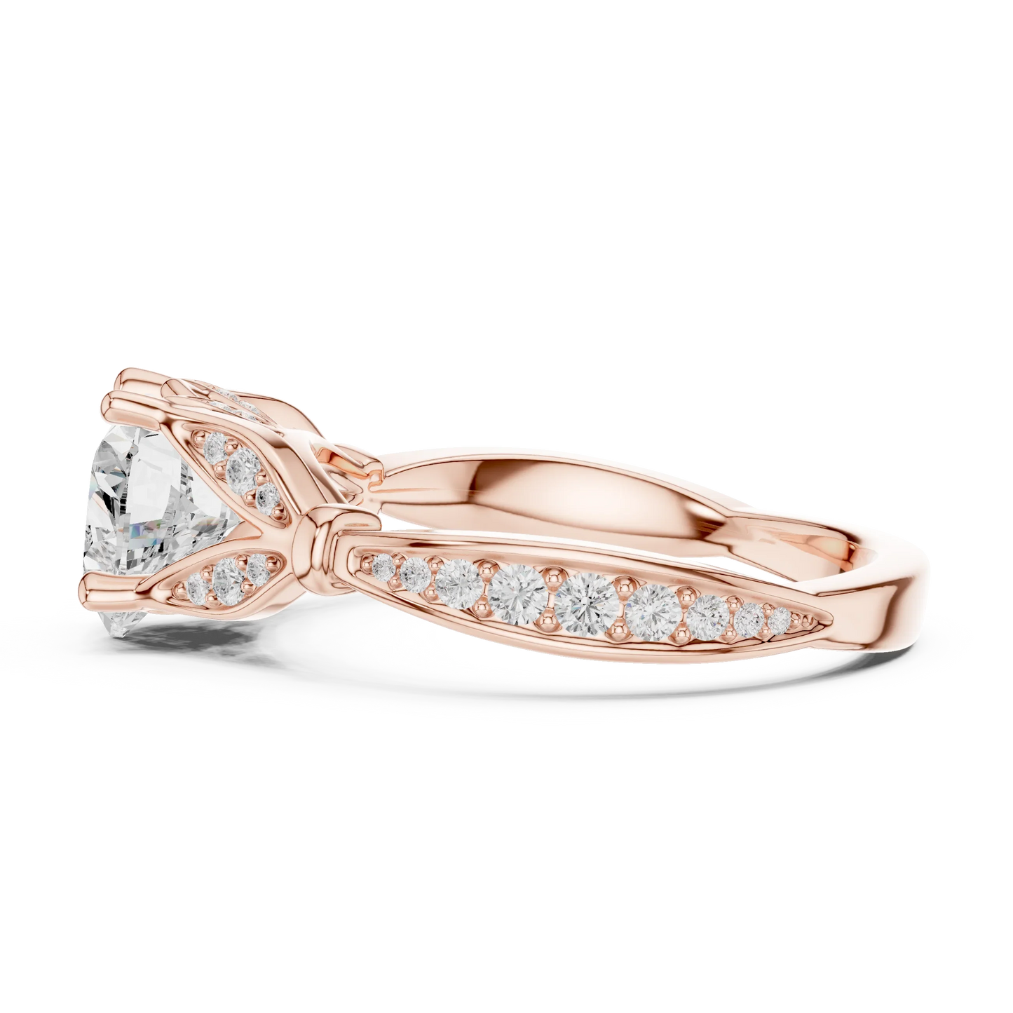 Side view of rose gold heart solitaire ring with floral milgrain pave band and lab-grown diamond – Australia