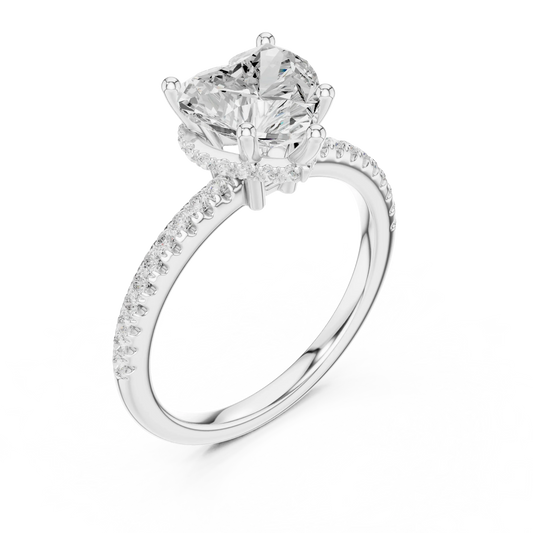 Front view of white gold heart cut solitaire ring with thin pave band and lab-created diamond