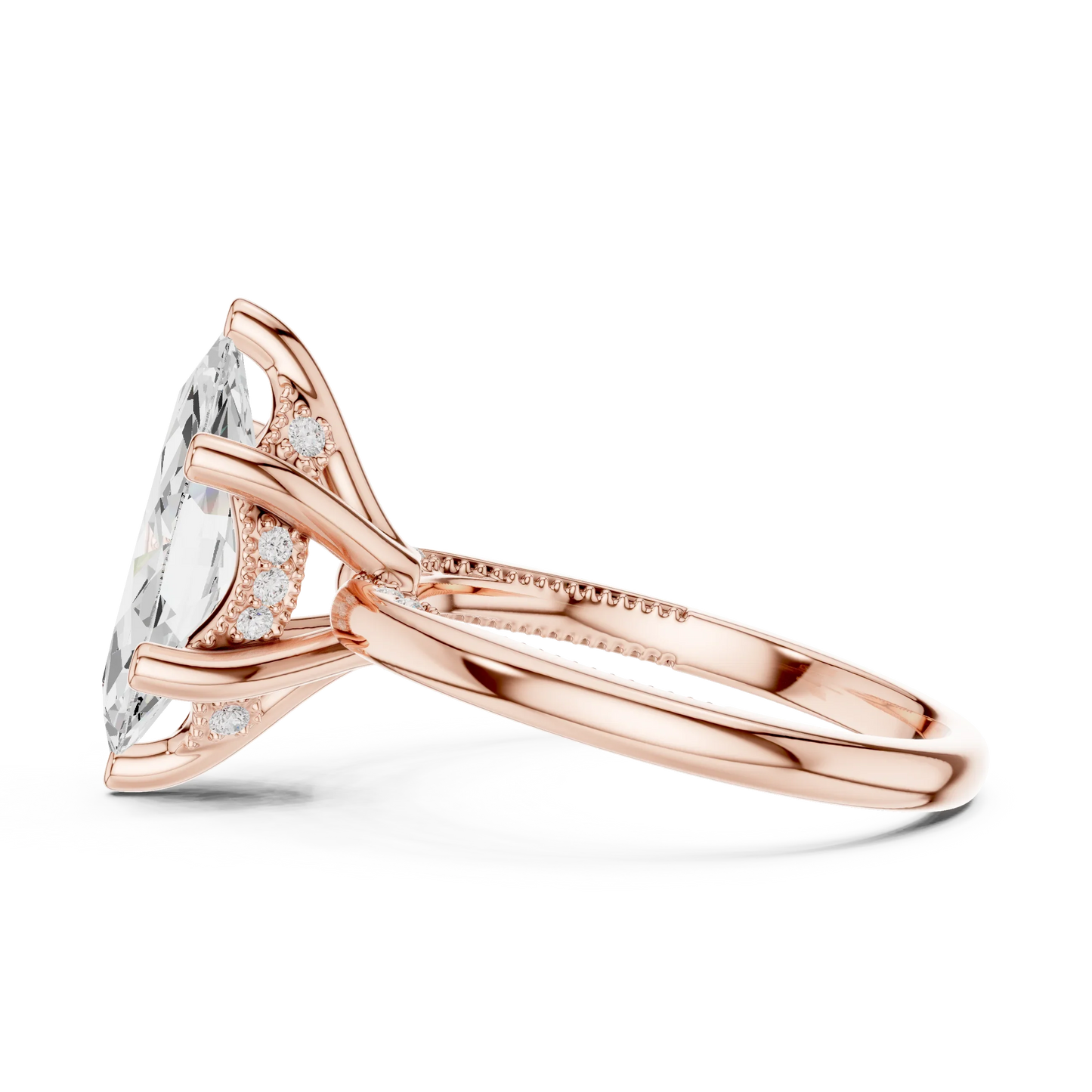 Side view of rose gold marquise cut solitaire ring highlighting hidden halo and domed band design