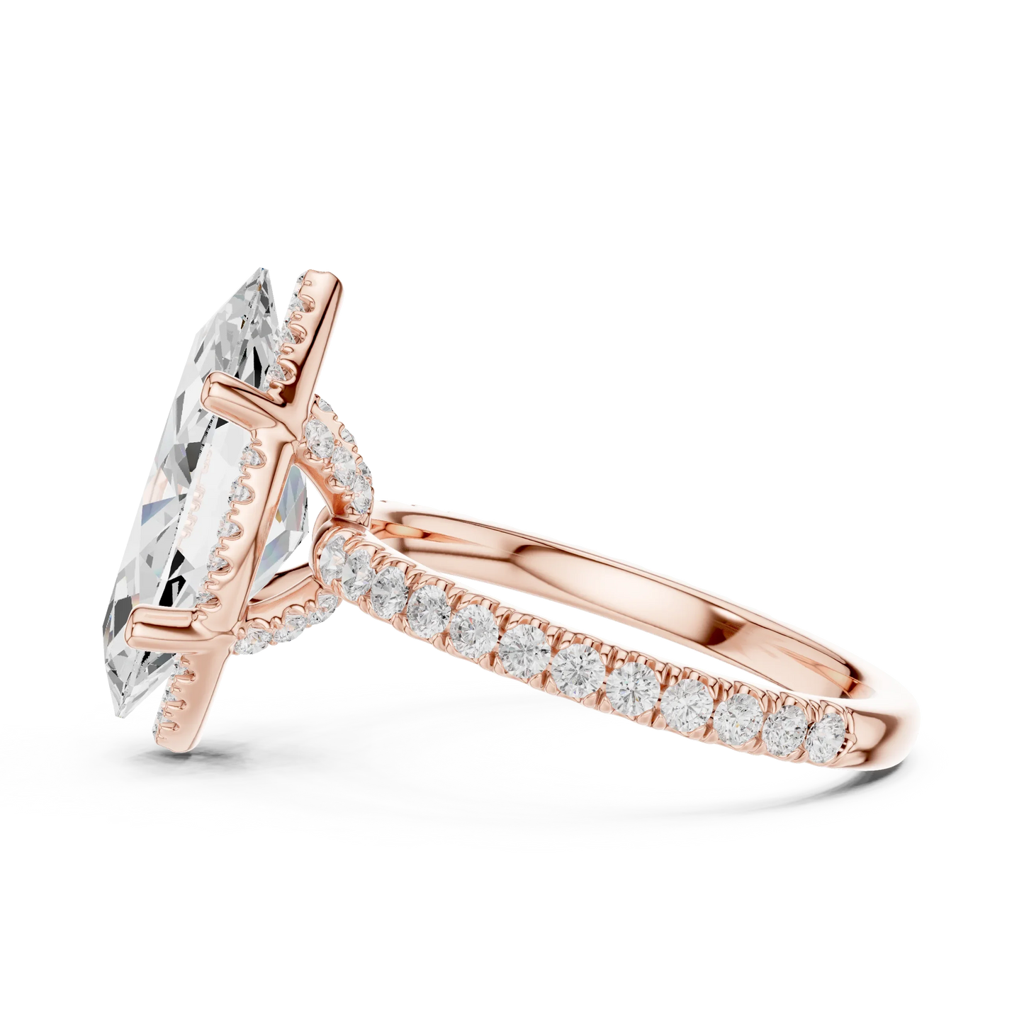 Side view of rose gold marquise cut solitaire ring highlighting hidden halo and thin pav茅 band design