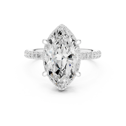 White gold marquise cut solitaire ring with hidden halo and thin pav茅 band featuring lab-grown diamond, elegant design