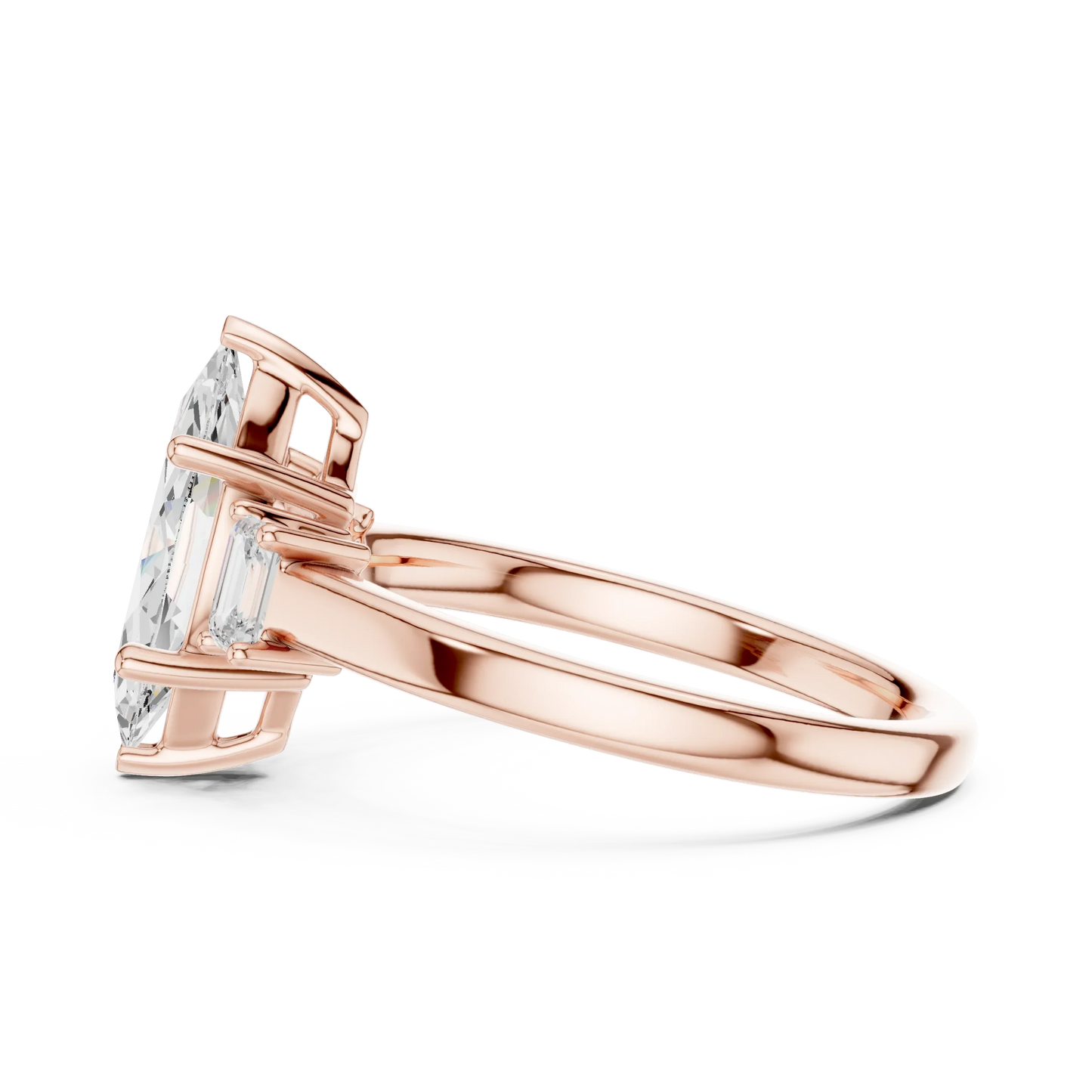Side view of rose gold marquise cut three stone diamond ring, highlighting design profile.