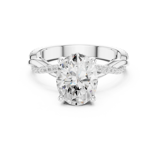 Side view of white gold oval diamond ring with twisted vine pave band and lab-grown diamond – Australia
