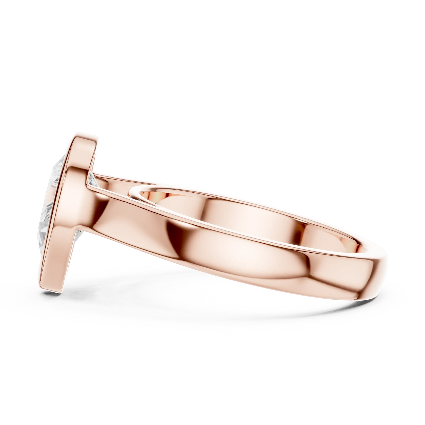 Side view of rose gold pear full bezel solitaire ring with wide flat band and lab-grown diamond – Australia