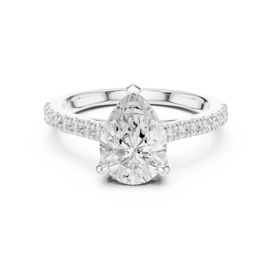 Pear halo engagement ring with pavé diamond band in white gold, lab grown diamond, Australia DFE