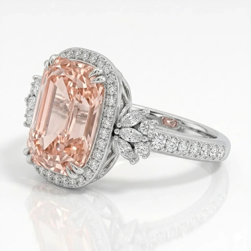 Side view of pink radiant diamond halo ring with marquise floral side stones in white gold with lab-grown diamonds – Australia