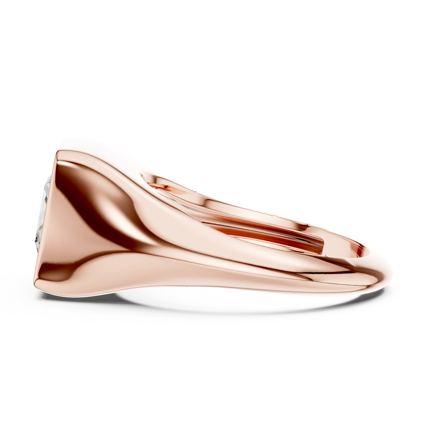 Side view of rose gold princess cut bezel set signet style ring, highlighting overall design profile.