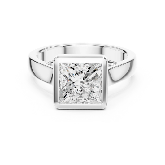 Princess full bezel solitaire ring in white gold with wide flat band and lab-grown diamond – Australia