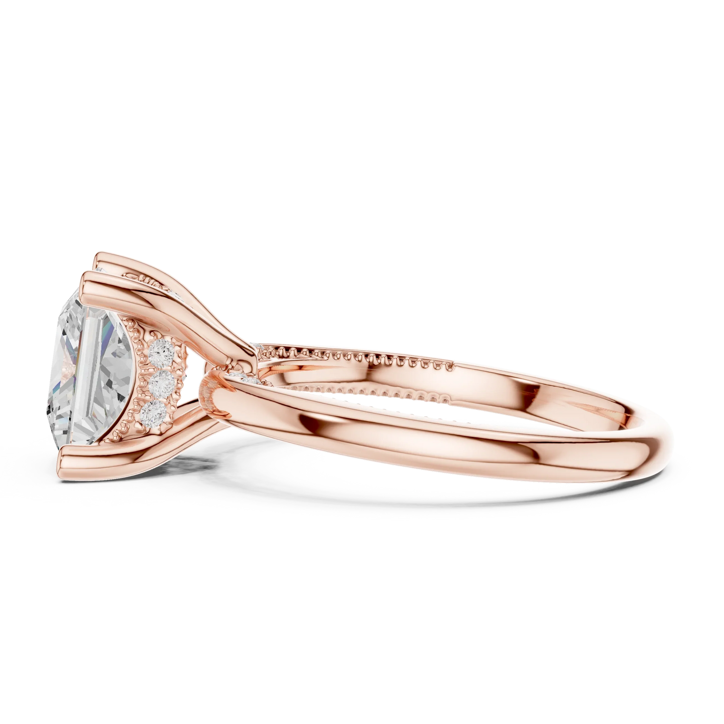 Side view of rose gold princess cut solitaire ring highlighting hidden halo and domed band design