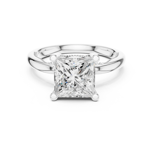 White gold princess cut solitaire ring with hidden halo and domed band featuring lab-grown diamond, elegant design