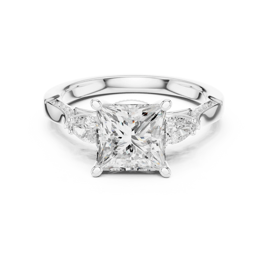 Princess three stone ring in white gold with pear side stones, pave accents and lab-grown diamonds – Australia