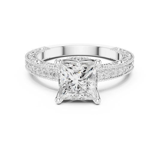 Princess vintage filigree ring in white gold with milgrain, channel set diamond band and lab-grown diamond – Australia