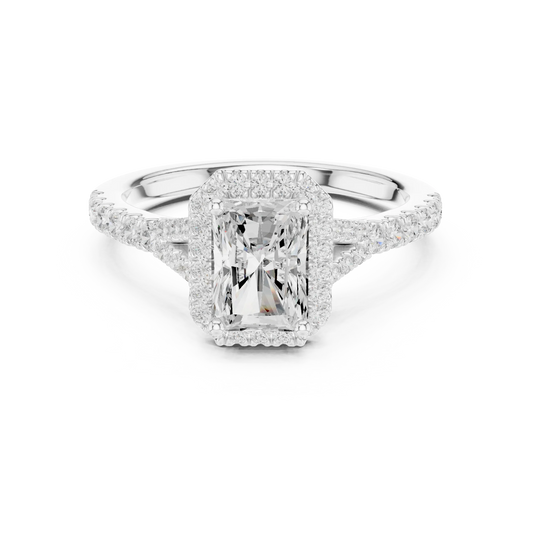 Lab-grown radiant halo diamond ring in white gold with pav茅 split shank band