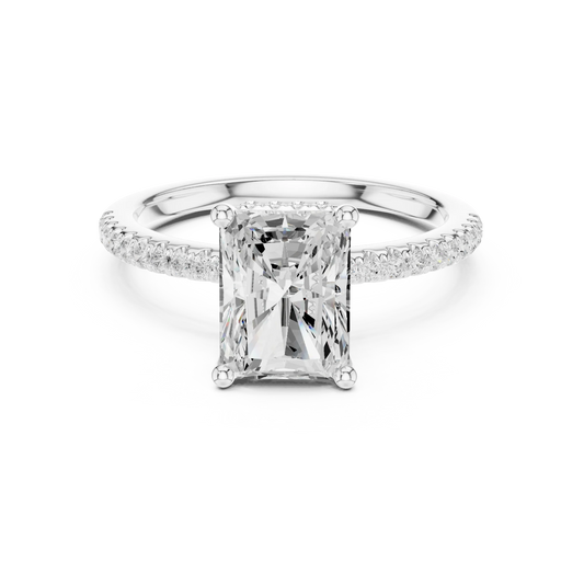 Radiant solitaire ring in white gold with thin pave band and lab-grown diamond – Australia