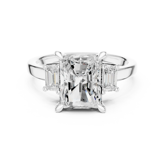 Radiant three stone ring with step cut trapezoid side stones and lab-grown diamonds in white gold, elegant and timeless design, Australia collection