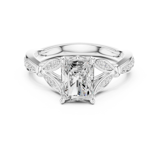 Radiant vintage floral leaf ring in white gold with pave diamond band and lab-grown diamond – Australia