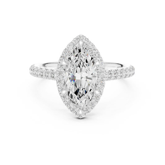 Front view of white gold regal halo marquise cut diamond ring with lab-grown center stone surrounded by halo diamonds, elongated elegant design
