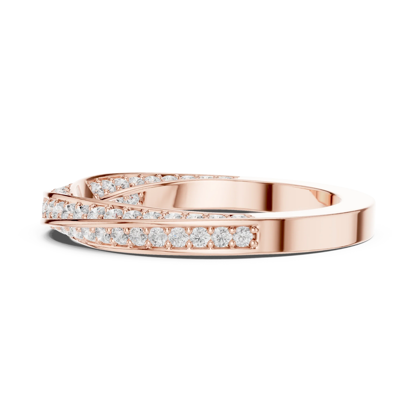 Side view of rose gold eternity band highlighting crossover twist pattern and pav茅 diamond setting