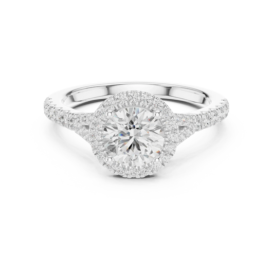 Round brilliant halo engagement ring with split pav茅 diamond band in white gold, lab grown diamond, Australia DFE