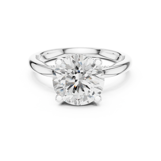 White gold round cut solitaire ring with hidden halo and domed band featuring lab-grown diamond, classic elegant design