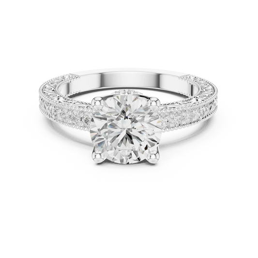 Round vintage filigree ring in white gold with milgrain, channel set diamond band and lab-grown diamond – Australia