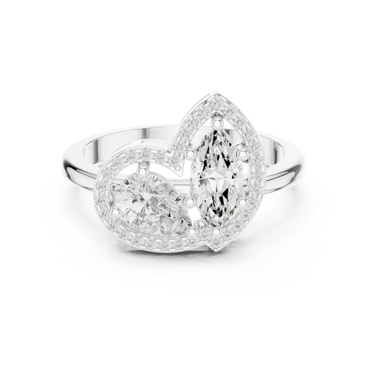 Toi et Moi ring with marquise and pear lab-grown diamonds, shared pavé halo and split shank in white gold, Australia collection