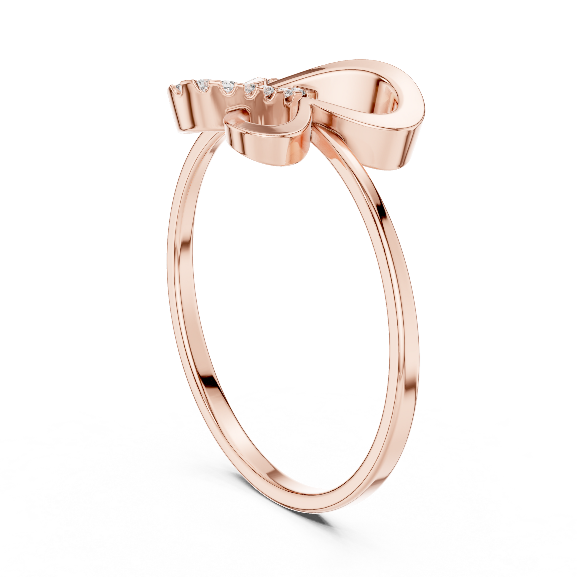 Rose gold ring with a modern bow design and small accent diamonds