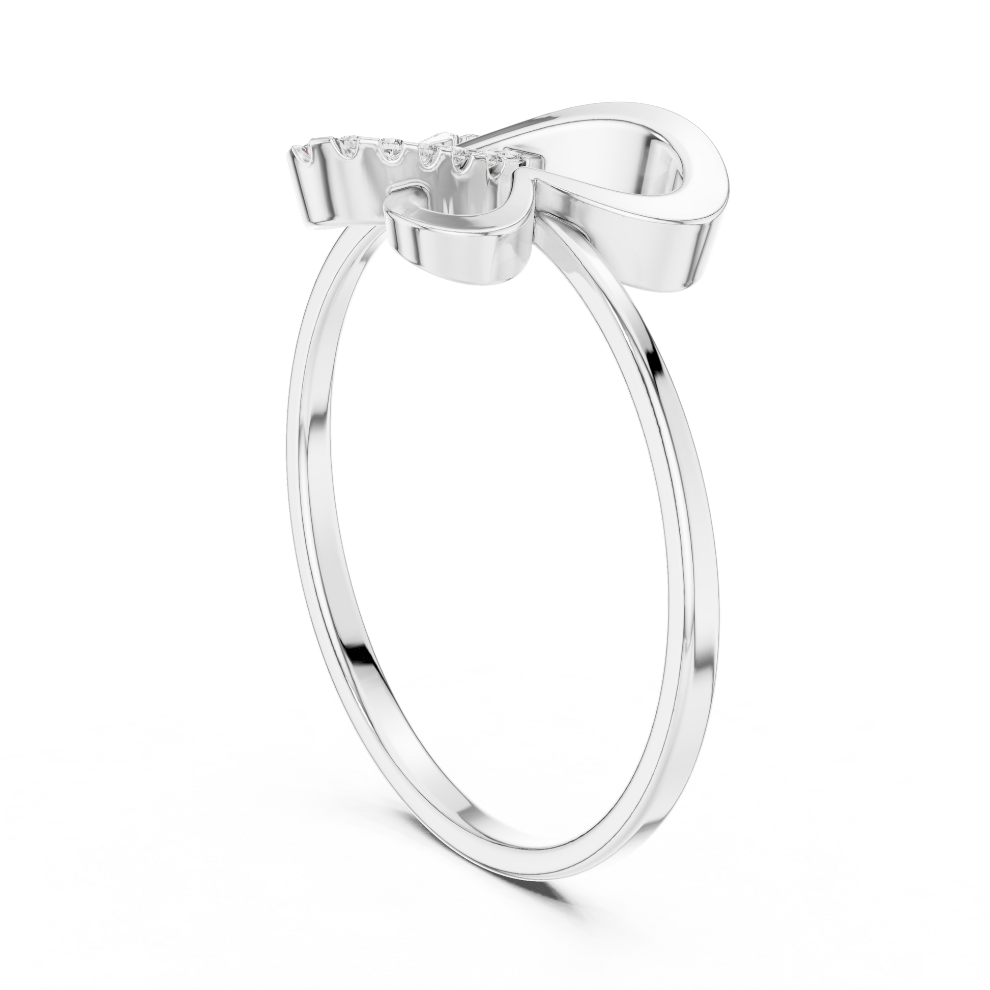 Elegant white gold ring with modern ribbon-style design on black background