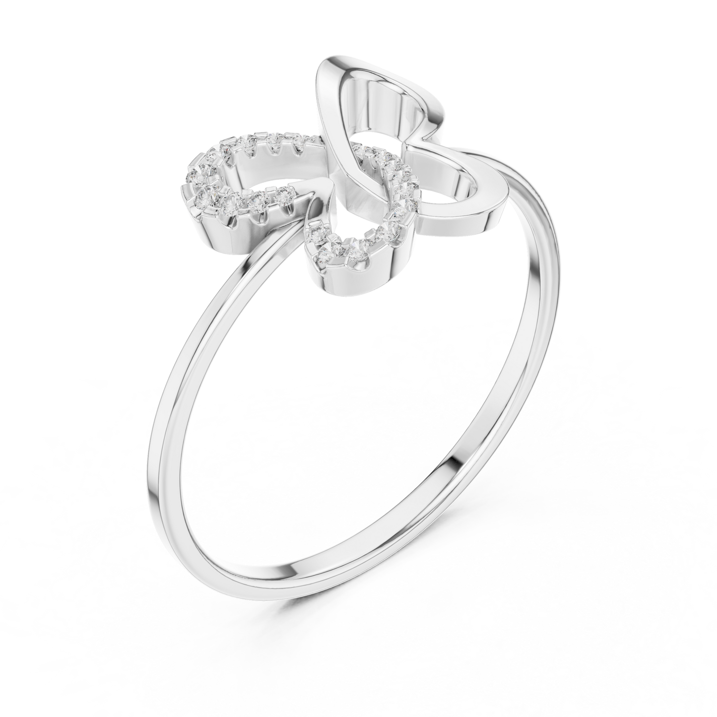 White gold ring with butterfly-shaped diamond design on white background