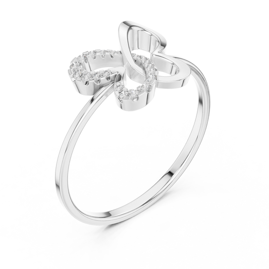 White gold ring with butterfly-shaped diamond design on white background