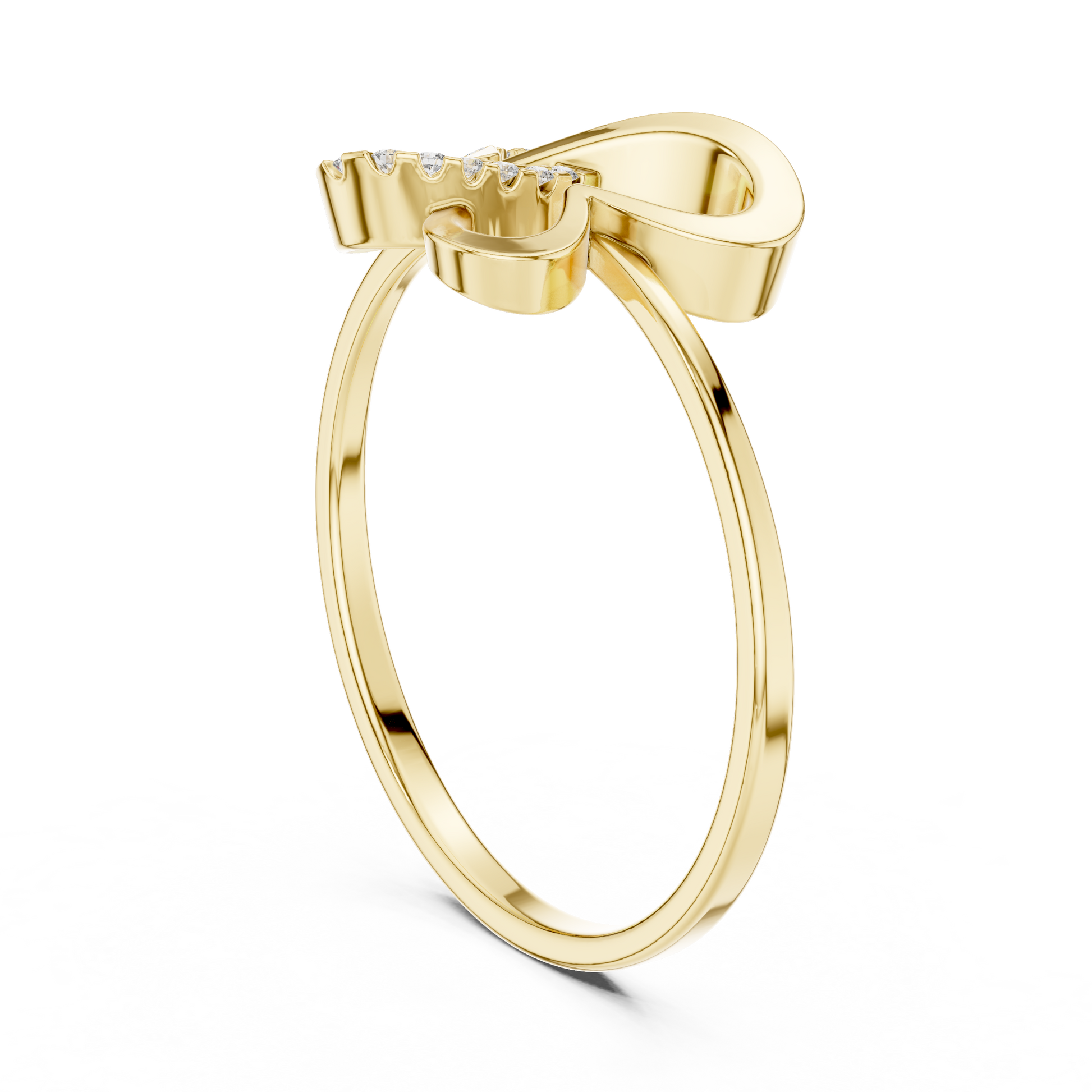 Gold ring with a unique ribbon-like design and small diamonds set on top