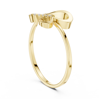 Gold ring with a unique ribbon-like design and small diamonds set on top