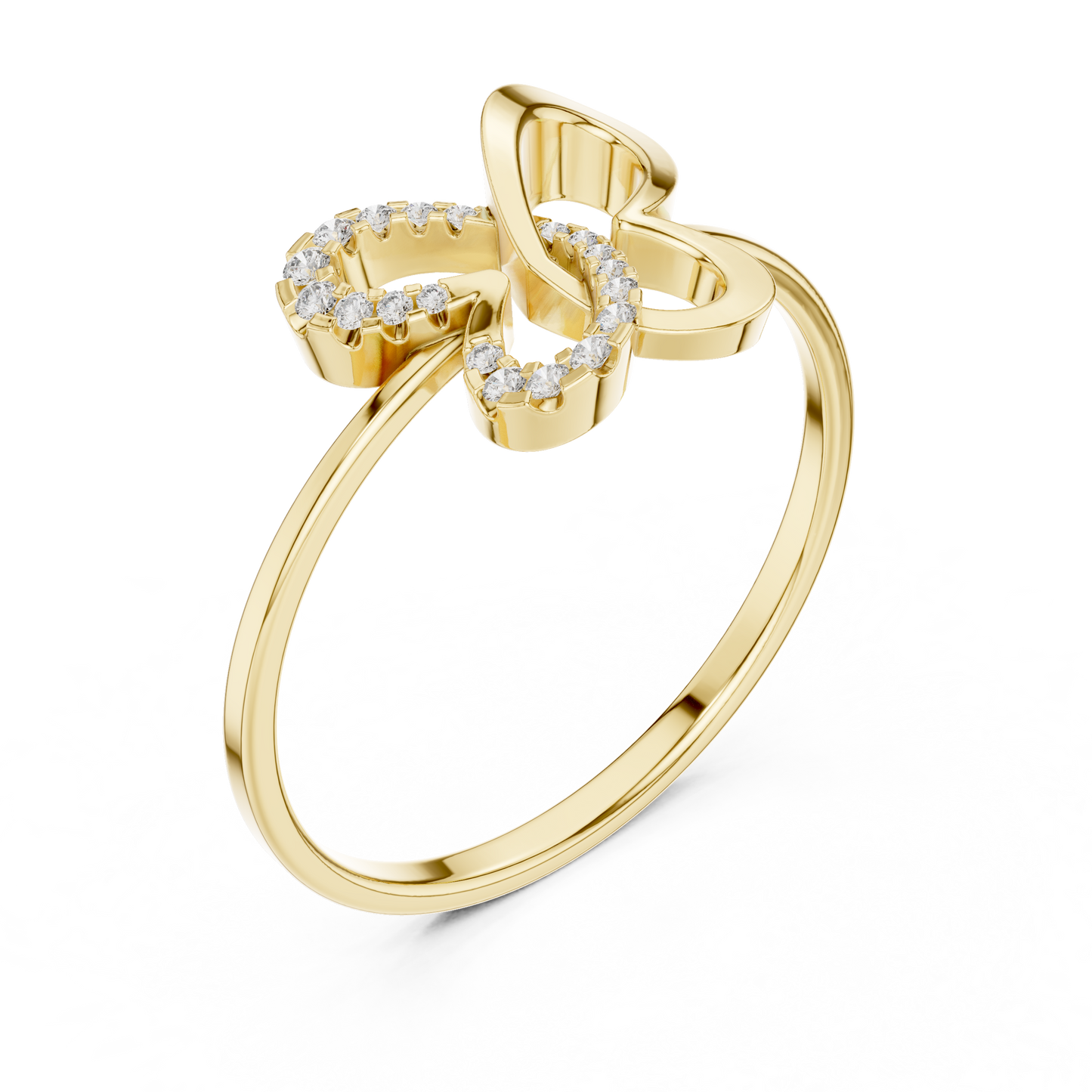 Gold butterfly diamond ring with openwork design and pavé-set diamonds on one wing