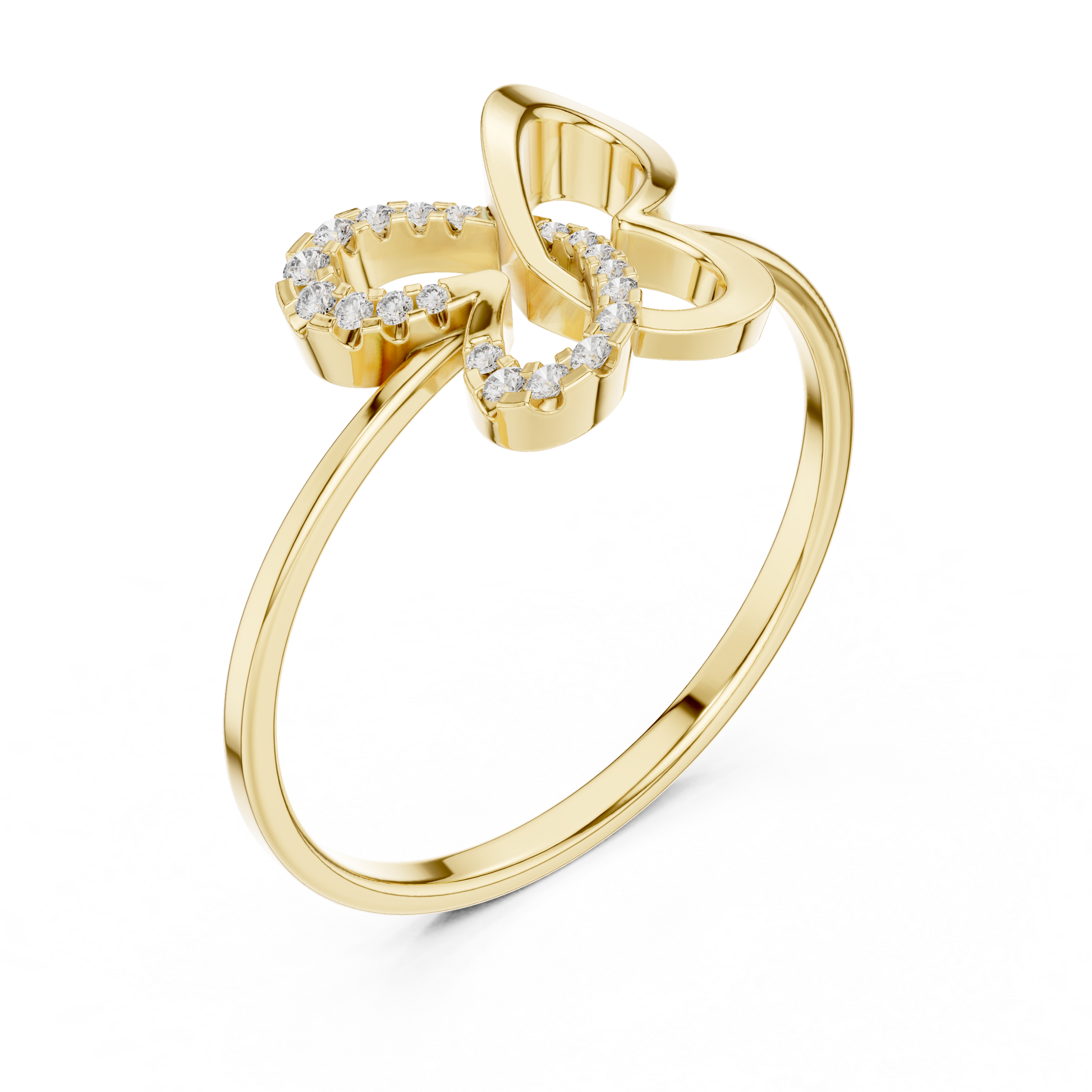 Gold butterfly diamond ring with openwork design and pavé-set diamonds on one wing
